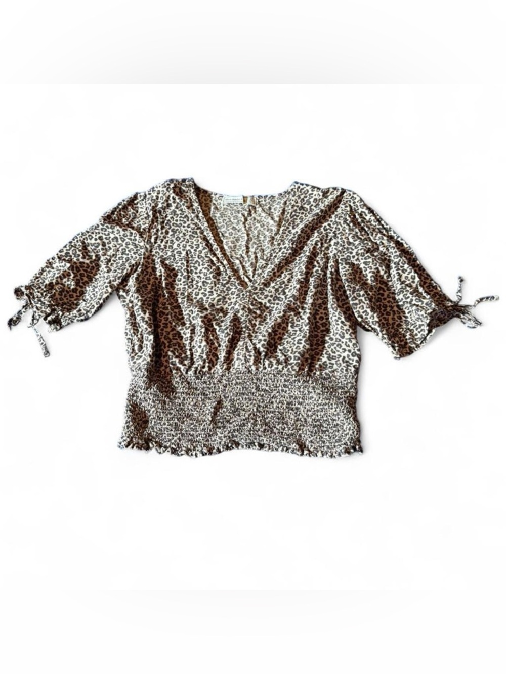 Leopard Print V-Neck Smocked Waist Top